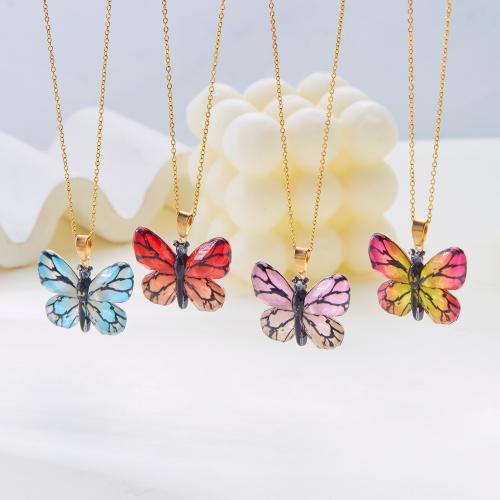 Stainless Steel Jewelry Necklace 304 Stainless Steel with Resin Butterfly Vacuum Ion Plating for woman Sold By PC