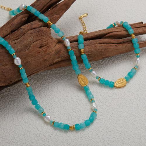 925 Sterling Silver Bracelet and Necklace with ​Amazonite​ & Freshwater Pearl handmade & for woman Sold By PC