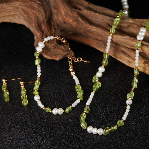 925 ezüst Jewelry Set, -val Peridot kő & White Shell & Édesvízi gyöngy, kézi, különböző stílusokat a választás & a nő, Által értékesített PC