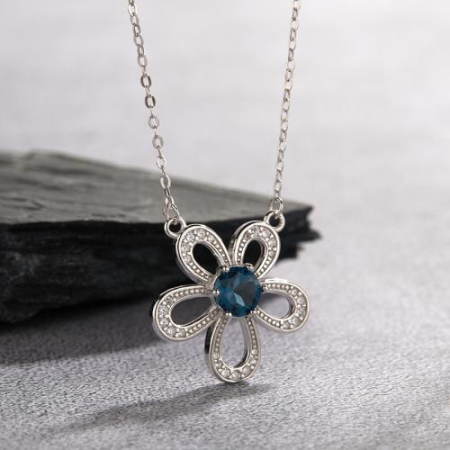 925 Sterling Silver Necklace, with Topaze, with 6cm extender chain, Flower, platinum plated, for woman & with rhinestone & hollow, Length:Approx 41 cm, Sold By PC