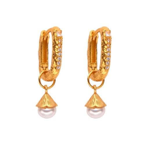 925 Sterling Silver Huggie Hoop Drop Earring, with Freshwater Pearl, gold color plated, for woman & with rhinestone, 5.70x23.50mm, Sold By Pair