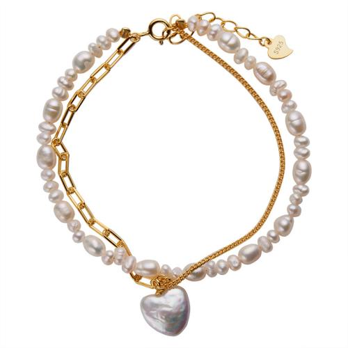 925 Sterling Silver Bracelet, with Freshwater Pearl, with 3cm extender chain, Heart, gold color plated, Double Layer & for woman, Length:Approx 17 cm, Sold By PC