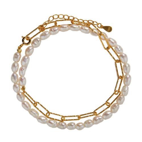 925 Sterling Silver Bracelet, with Freshwater Pearl, gold color plated, Double Layer & for woman, Length:Approx 18 cm, Sold By PC