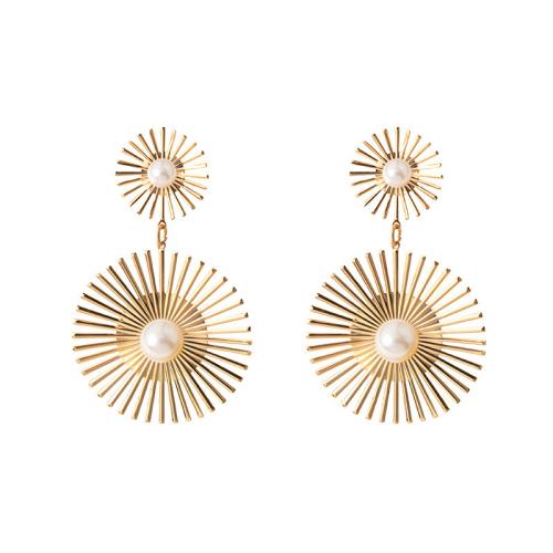 Iron Earring, with Plastic Pearl, fashion jewelry & for woman, golden, 85x50mm, Sold By Pair