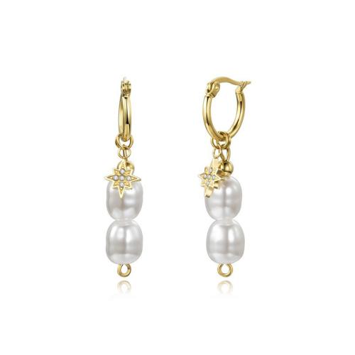 Titanio Acciaio Orecchini, Titantium acciaio, with Shell Pearl, gioielli di moda & per la donna, dorato, Ear ring wire diameter 2.5mm, outer diameter 17.3mm pendant accessories 9*8*1.5mm, Venduto da coppia