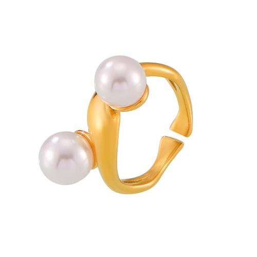 Titanium Steel Finger Ring, with Plastic Pearl, 18K gold plated, fashion jewelry & for woman, US Ring Size:7, Sold By PC