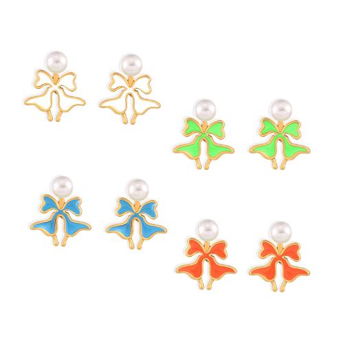 Titanium Steel  Earring, with Plastic Pearl, Bowknot, plated, fashion jewelry & for woman & enamel, more colors for choice, Sold By Pair