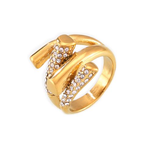 Anillo de dedo de Titantium Acero, Partículas de acero, diverso tamaño para la opción & para mujer & con diamantes de imitación, dorado, Vendido por UD