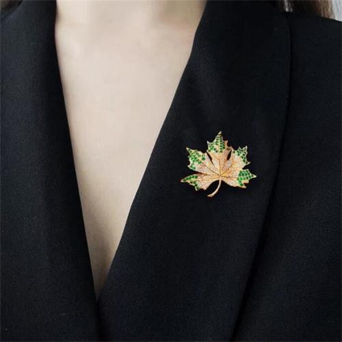 Tibetan Style Brooches, Maple Leaf, gold color plated, for woman & with rhinestone, nickel, lead & cadmium free, Sold By PC