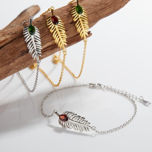 925 Sterling Silver Bracelet, with Diopside & Garnet, with 3cm extender chain, Feather, different styles for choice & for woman, Length:Approx 17 cm, Sold By PC