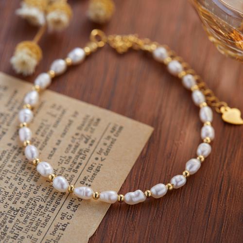 925 Sterling Silver Bracelet, with Freshwater Pearl, with 5cm extender chain, gold color plated, fashion jewelry & for woman, Length:Approx 15 cm, Sold By PC