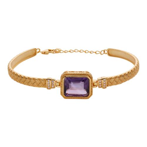 Plata de ley 925 Brazalete, con amatista, Patrón Geométrico, chapado en color dorado, para mujer & con diamantes de imitación, diámetro interior:aproximado 60mm, Vendido por UD