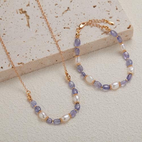 925 Sterling Silver Bracelet and Necklace, with Tanzanite & Freshwater Pearl, handmade, different styles for choice & for woman, Sold By PC