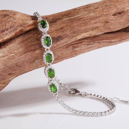 Plata de ley 925 Pulsera, con Diopsido, con 3cm extender cadena, para mujer & con diamantes de imitación, plateado, longitud:aproximado 17 cm, Vendido por UD