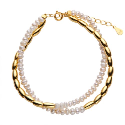 925 Sterling Silver Bracelet, with Freshwater Pearl, with 3cm extender chain, gold color plated, Double Layer & for woman, Length:Approx 16 cm, Sold By PC