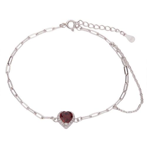 925 Sterling Silver Bracelet, with Garnet, with 3cm extender chain, Heart, for woman & with rhinestone, silver color, Length:Approx 17 cm, Sold By PC