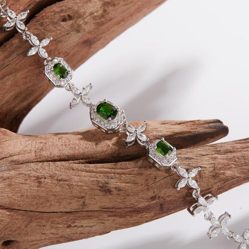 925 Sterling Silver Bracelet, with Diopside, with 3cm extender chain, for woman & with rhinestone, silver color, Length:Approx 16 cm, Sold By PC