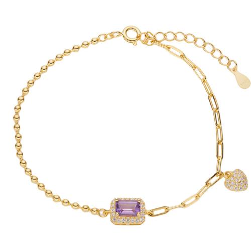 Plata de ley 925 Pulsera, con amatista, con 3cm extender cadena, Patrón Geométrico, para mujer & con diamantes de imitación, más colores para la opción, longitud aproximado 16 cm, Vendido por UD