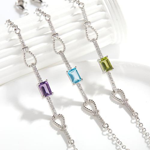 925 Sterling Silver Bracelet with Gemstone with 4cm extender chain Geometrical Pattern platinum plated & for woman & with rhinestone Length Approx 19 cm Sold By PC