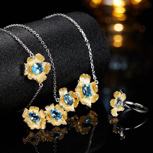 925 Sterling Silver Jewelry Set, with Gemstone, Flower, different styles for choice & for woman & with rhinestone, Sold By PC