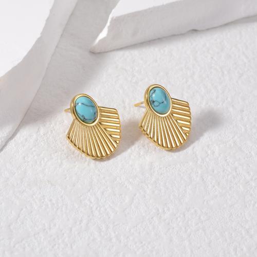 Boucle d'oreille Acier Titane, avec turquoise, bijoux de mode & pour femme, doré, 20x18mm, Vendu par paire