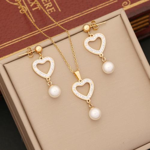 Rhinestone Stainless Steel Jewelry Set, earring & necklace, 304 Stainless Steel, with Plastic Pearl, with 5cm extender chain, 2 pieces & fashion jewelry & different styles for choice & for woman & with rhinestone, golden, Length:Approx 40 cm, Sold By Set