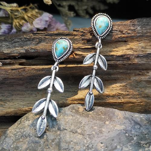 Tibetan Style Stud Earring, with Turquoise, fashion jewelry & for woman, silver color, 45x12mm, Sold By Pair