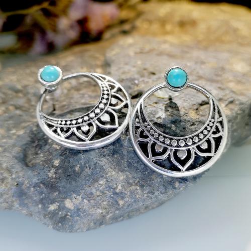 Tibetan Style Stud Earring, with Turquoise, fashion jewelry & for woman, silver color, 25x22mm, Sold By Pair