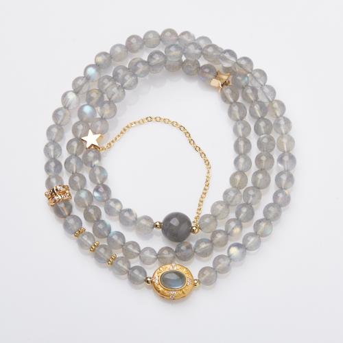 Gemstone Bracelets, Moonstone, with Aquamarine & Brass, handmade, fashion jewelry & for woman, Length:Approx 42 cm, Sold By PC