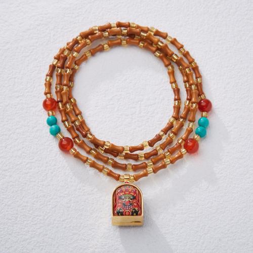 Bijoux Collier bouddhiste, olivaire Nucleus, avec agate rouge & laiton, fait à la main, bijoux de mode & pour femme, Longueur:Environ 60 cm, Vendu par PC