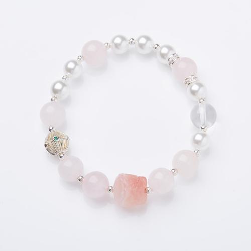 Bracelets quartz, quartz rose, avec Shell Pearl, fait à la main, bijoux de mode & pour femme, Longueur Environ 14-16 cm, Vendu par PC