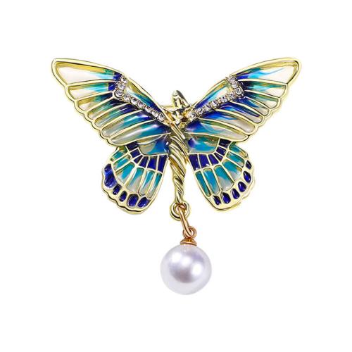 Tibetan Style Brooches, with Plastic Pearl, Butterfly, for woman & enamel & with rhinestone, 49x49mm, Sold By PC