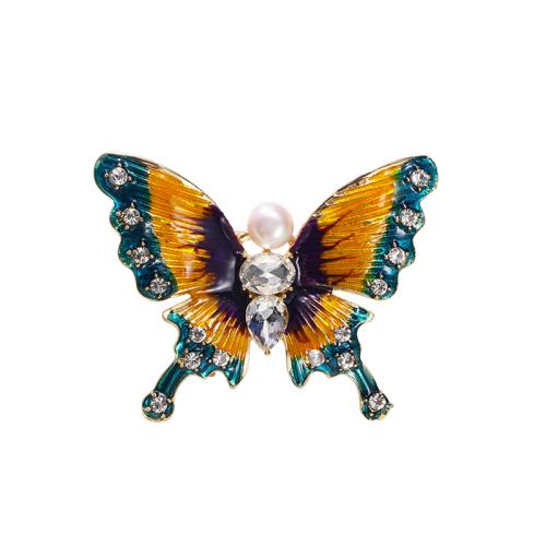 Zinc Alloy Brooches with Plastic Pearl Butterfly for woman & enamel & with rhinestone Sold By PC