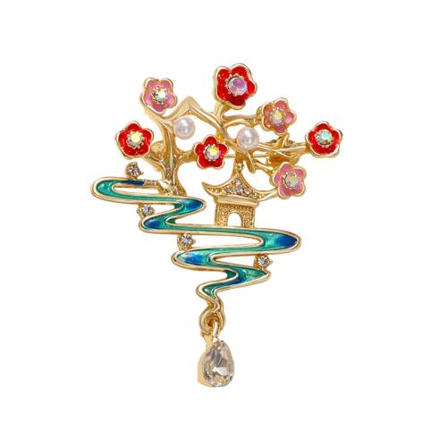 Tibetan Style Brooches, with Plastic Pearl, Flower, fashion jewelry & for woman & with rhinestone, 56x43mm, Sold By PC