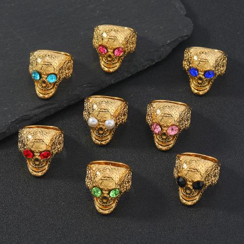 Rhinestone Stainless Steel Finger Ring 304 Stainless Steel Skull fashion jewelry & for man & with rhinestone Sold By PC