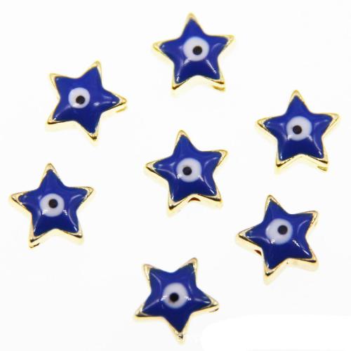 Alliage de zinc mauvais Perles yeux, étoile, Placage de couleur d'or, DIY & motif de mauvais œil & émail, saphir, protéger l'environnement, sans nickel, plomb et cadmium, 12x12x7mm, Environ 100PC/sac, Vendu par sac