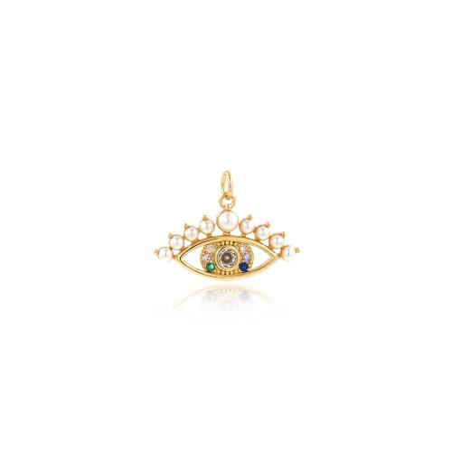 Cubic Zirconia Micro Pave Brass Pendant, with Plastic Pearl, Evil Eye, gold color plated, DIY & micro pave cubic zirconia, nickel, lead & cadmium free, 25x17.80x4.50mm, Sold By PC