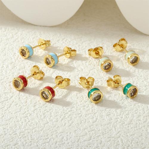 Boucles d'oreilles en laiton zircon cubique pavent, Rond, Placage de couleur d'or, pavé de micro zircon & pour femme & émail, plus de couleurs à choisir, protéger l'environnement, sans nickel, plomb et cadmium, 15x5mm, Vendu par paire