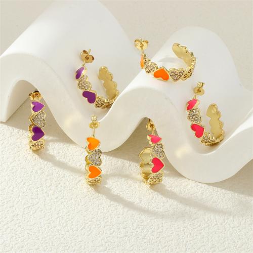 Cúbicos Circonia Pendiente Latón Micro pavimenta, metal, Corazón, chapado en color dorado, micro arcilla de zirconia cúbica & para mujer & esmalte, más colores para la opción, libre de níquel, plomo & cadmio, Vendido por Par