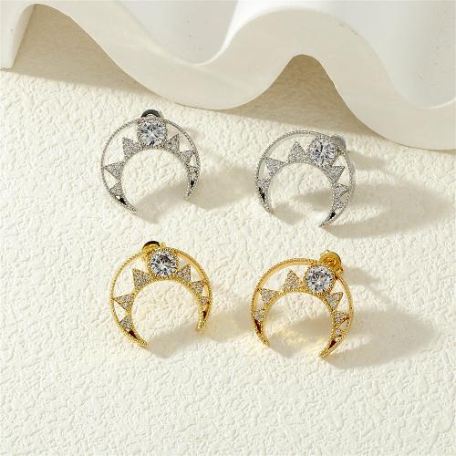 Boucles d'oreilles en laiton zircon cubique pavent, lune, Placage, pavé de micro zircon & pour femme, plus de couleurs à choisir, protéger l'environnement, sans nickel, plomb et cadmium, Vendu par paire