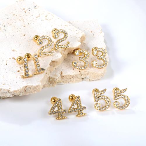 Stainless Steel Stud Earrings, 304 Stainless Steel, Number, gold color plated, different styles for choice & for woman & with rhinestone, Sold By Pair