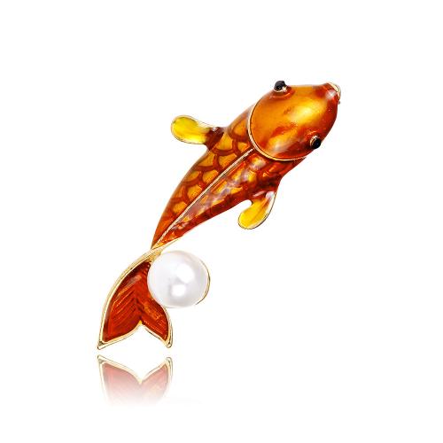 Tibetan Style Brooches, with Plastic Pearl, Fish, plated, micro pave cubic zirconia & for woman & enamel, golden, Sold By PC