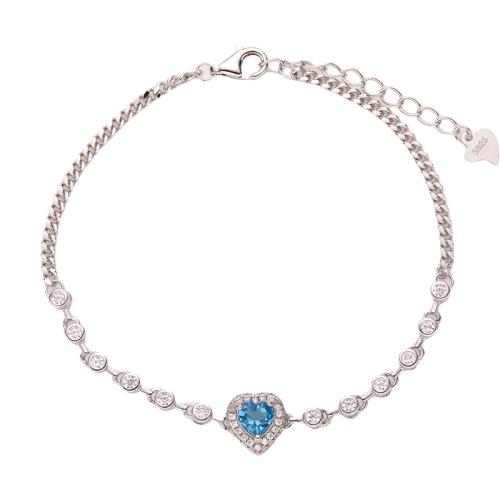 Plata de ley 925 Pulsera, con Piedras preciosas, con 3cm extender cadena, Corazón, diferentes materiales para la opción & para mujer & con diamantes de imitación, plateado, longitud:aproximado 16 cm, Vendido por UD