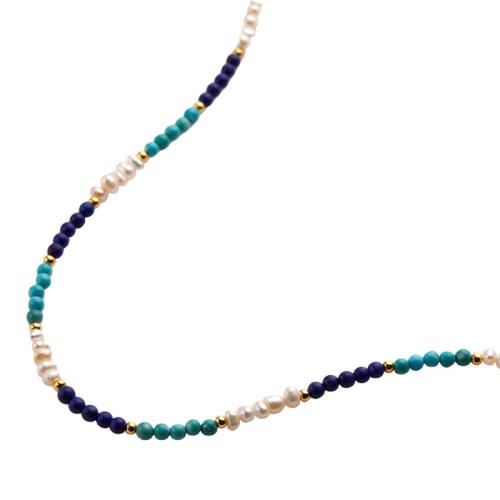 925 Sterling Silver Necklace, with Lapis Lazuli & turquoise & Freshwater Pearl, with 2inch extender chain, handmade, fashion jewelry & for woman, Length:Approx 14.2 Inch, Sold By PC