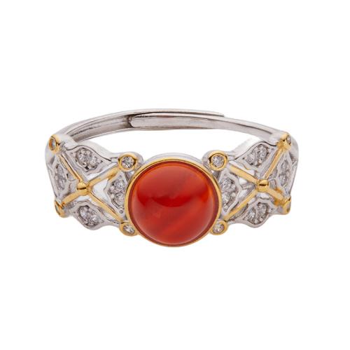 925 Sterling Silver Cuff Finger Ring, with Red Agate, Geometrical Pattern, for woman & with rhinestone & hollow, US Ring Size:7, Sold By PC