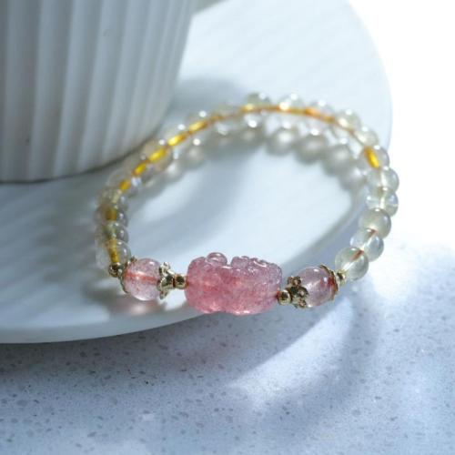 Quartz Bracelets, Rutilated Quartz, with Strawberry Quartz, handmade, fashion jewelry, Length:Approx 14-16 cm, Sold By PC