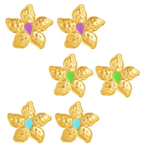 Stainless Steel Stud Earrings, 304 Stainless Steel, Flower, 18K gold plated, fashion jewelry & for woman & enamel, more colors for choice, 48x45mm, Sold By Pair