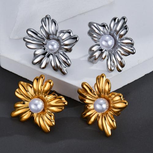 Stainless Steel Stud Earrings 304 Stainless Steel with Plastic Pearl Flower fashion jewelry & for woman Sold By Pair