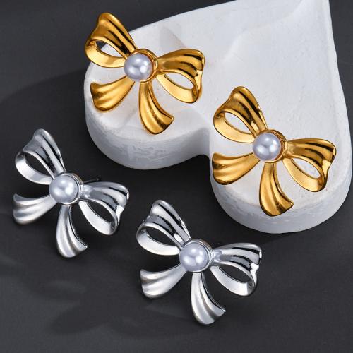 Stainless Steel Stud Earrings 304 Stainless Steel with Plastic Pearl Bowknot fashion jewelry & for woman Sold By Pair