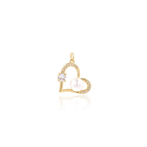 Cubic Zirconia Micro Pave Brass Pendant, with Plastic Pearl, Heart, gold color plated, DIY & micro pave cubic zirconia, nickel, lead & cadmium free, 17.60x14.20x5.50mm, Sold By PC